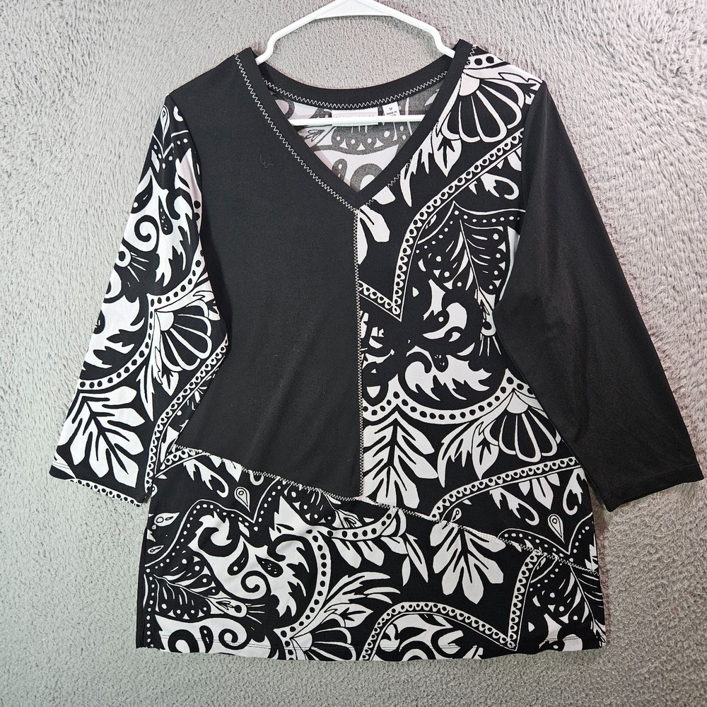 Susan Graver Tunic Top Blouse Women Medium Geometric 3/4 Sleeve Black White